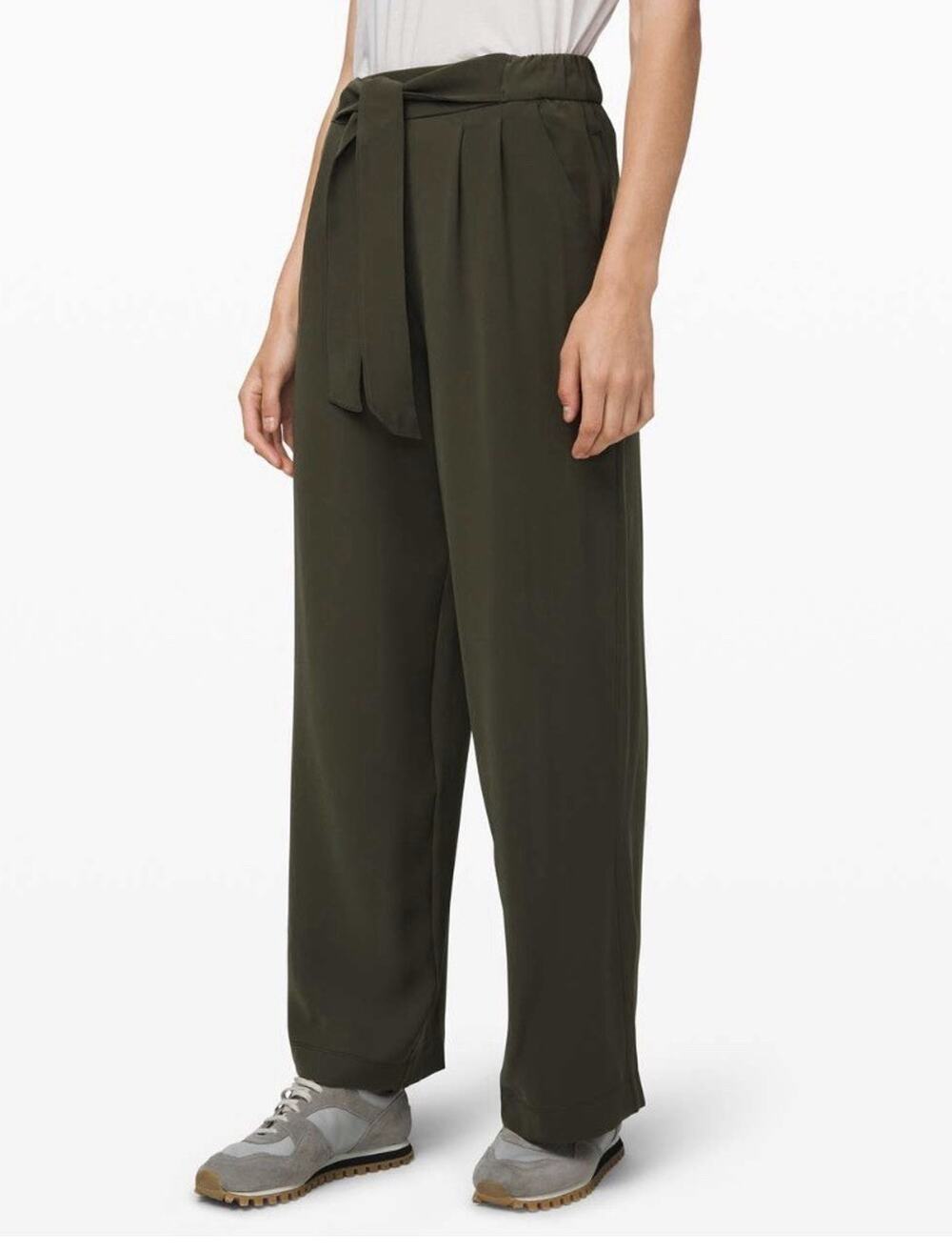 LULULEMON Noir Pant Wide Leg High Rise Tie Waist Dark Olive Size 8 Coastal